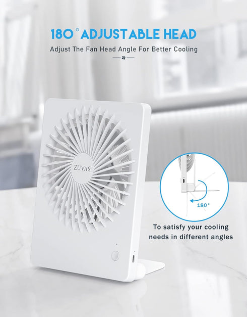 Zuvas Battery Operated Desk Fan, Rechargeable 180° Tilt Folding Personal Fan, Ultra Quiet 3 Speed for Home & Camping