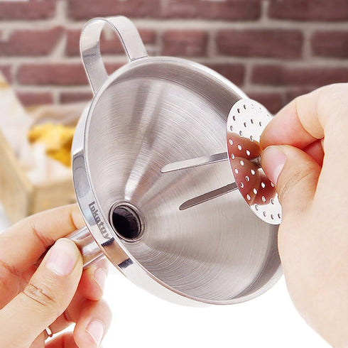 5-Inch Food Grade Stainless Steel Kitchen Funnel with Strainer Filter for Liquid Dry Ingredients, Silver