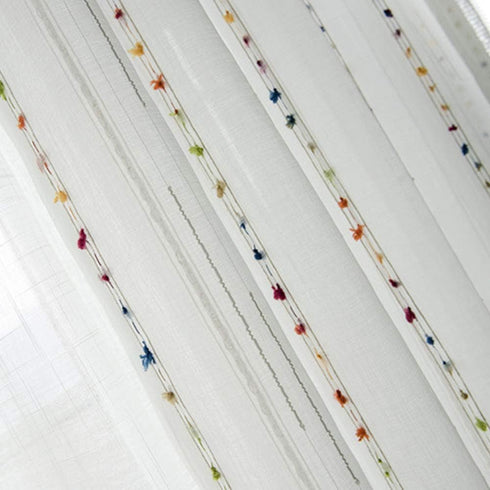 pureaqu Faux Linen Stripe Pom Pom Sheer Curtain, Embroidered Colorful Rainbow Semi Sheer Voile Window Curtain for