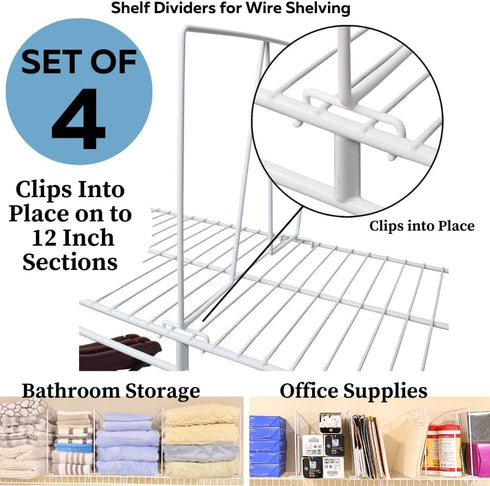Evelots Wire Shelf Dividers - 4 Pack for Closet Storage & Organization, Tall Shelf Separator, Easy Clip
