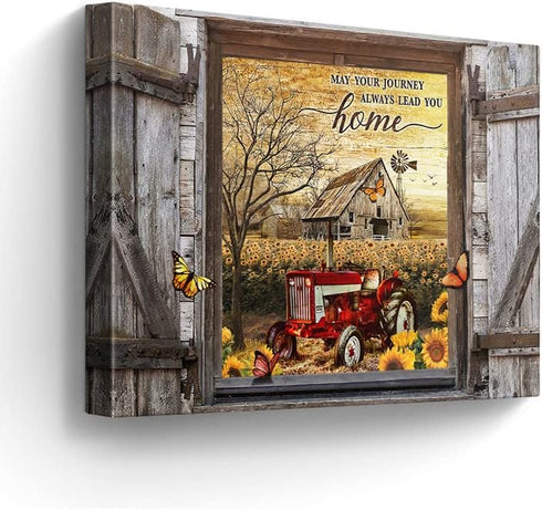 Farmhouse Canvas Wall Art Red Old Tractor Picture, Rustic Sunflowers Country Painting for Kitchen Decor
