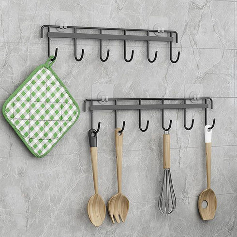 2Pcs Kitchen Utility Hooks,Wall Mount Kitchen Utensil Rack with 6 Hooks,Wall Mounted Rail,No Drilling Kitchen Utensil Holder,Space Saving Kitchen Wall Hooks for Kitchen Bathroom. (black) by Nmgkokew