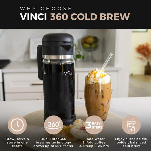 360, 360 (2.0 68 FL.OZ) VINCI Cold Brew Glass Cold Brew Coffee Maker Featuring Patented Dual Filter Brewing Technology