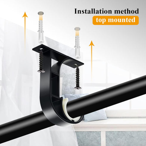 TOKPLNU Ceiling Curtain Rod Bracket, 4 Pack Heavy Duty Holders, Aluminum Alloy, Black Ceiling Hooks for 1 Inch Rods