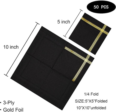 50 Black Gold 3-ply Cocktail Napkins, 5 x 5 Inches, Gold Foil Trim Stripe Bar Napkins for Wedding, Birthday, Graduation