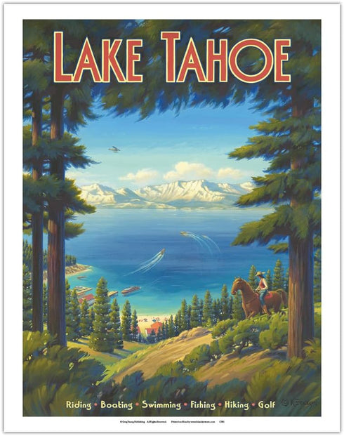 Lake Tahoe California Vintage Travel Poster, Riding Boating Swimming Fishing Hiking Golf, 11x14in Fine Art Print