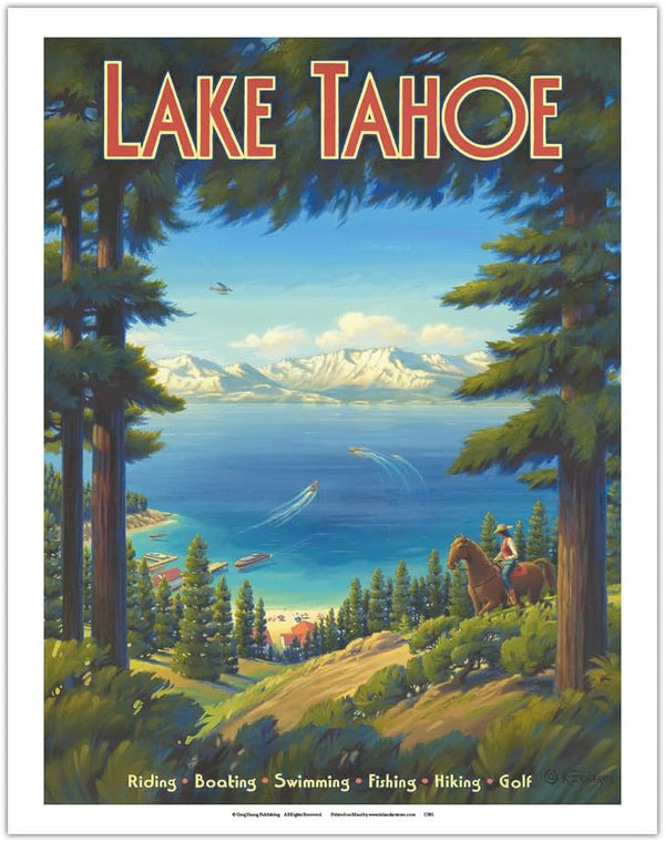 Lake Tahoe California Vintage Travel Poster, Riding Boating Swimming Fishing Hiking Golf, 11x14in Fine Art Print
