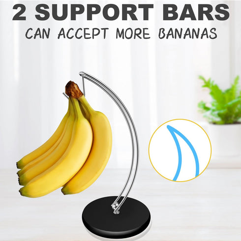 Modern Banana Holder Stand - Patented Tree Hanger with Stainless Steel Rack and Wood Base for Kitchen Use (Black/Silver)