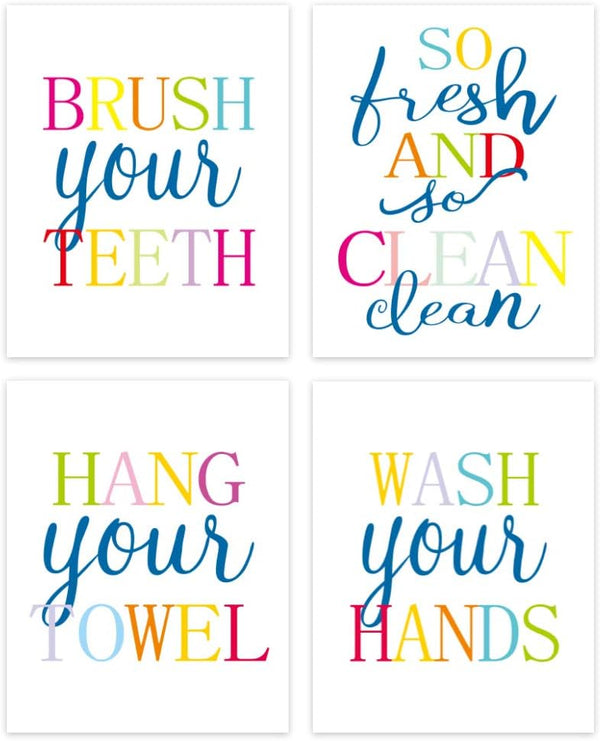 LHIUEM Kids Bathroom Wall Art, Colorful Rainbow Pictures for Toddler Washroom Decor, Set of 4