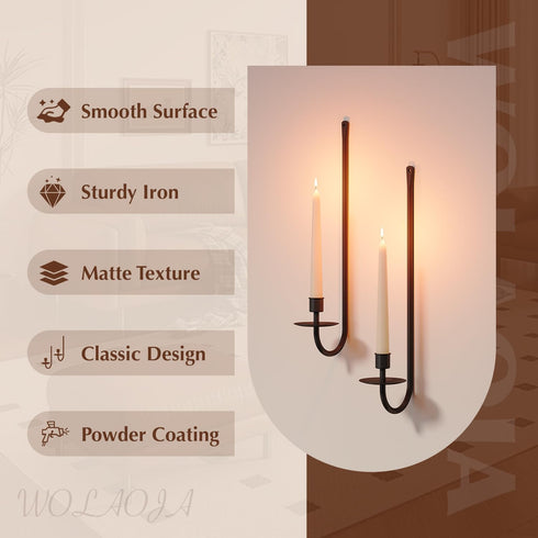 Set of 2 Metal Wall Candle Sconce Holders, Black Modern Wall Candle Holders for Living Room, Farmhouse, Fireplace,