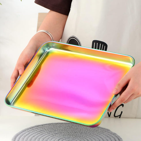 Rainbow Baking Tray, Stainless Steel Flat Food Serving Sheet, Rectangular Decorative Party Kitchen Pan (12.25 x 9.65 x