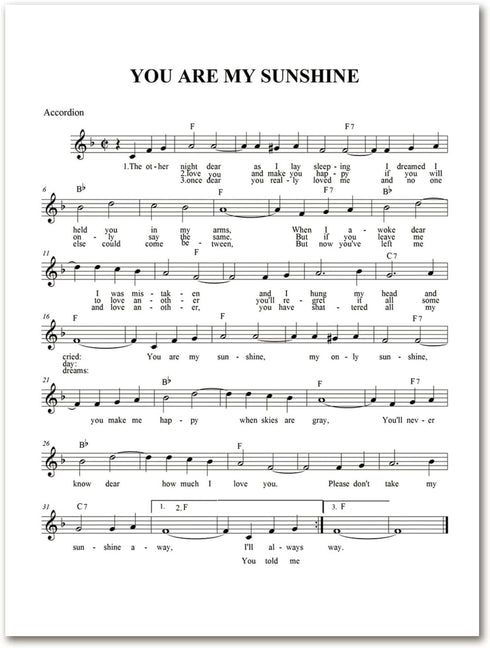 You Are My Sunshine Lullaby Canvas Wall Art – Sheet Music Poster Print for Baby Room Home Decor, Unframed