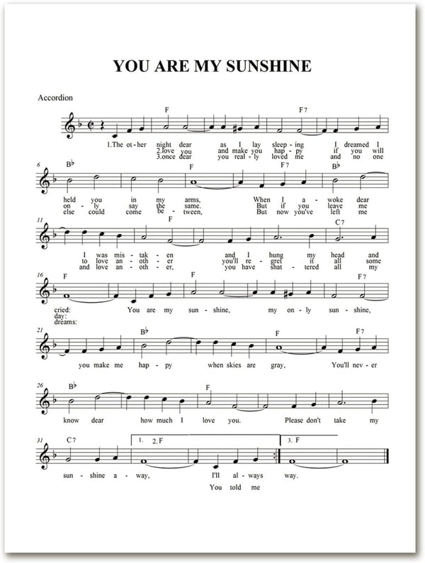 You Are My Sunshine Lullaby Canvas Wall Art – Sheet Music Poster Print for Baby Room Home Decor, Unframed