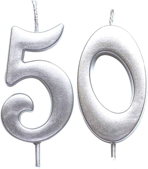 MAGJUCHE Silver 50th Birthday Numeral Candle, Number 50 Cake Topper Candles, Party Decoration for Women or Men