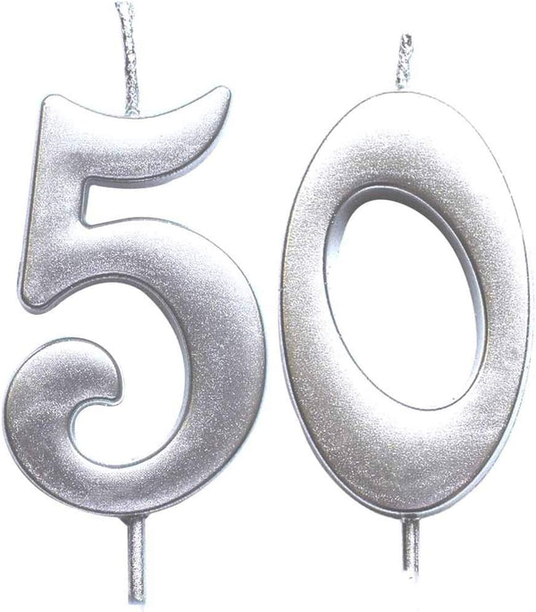 MAGJUCHE Silver 50th Birthday Numeral Candle, Number 50 Cake Topper Candles, Party Decoration for Women or Men