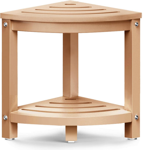 Corner Shower Stool for Inside Shower, HDPE Outdoor Side Table with 2-Tier Storage, Non-Slip Feet, White
