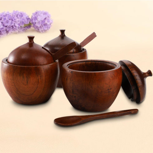 DEAYOU 3 Pack Wood Salt Box Spice Jar, Natural Wooden Salt Cellar with Lid and Spoon for Kitchen, Japanese Style