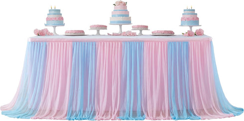 Gender Reveal Table Skirt, 6 Ft Pink Blue Tulle Tutu for Boy or Girl Birthday Party Baby Shower Cake Dessert Decorations