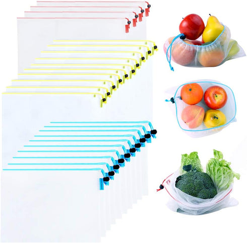 Mipruct 24 Pack Reusable Produce Bags, Mesh See-Through Grocery Bags, Washable, 3 Sizes for Fruits, Vegetables, Toys