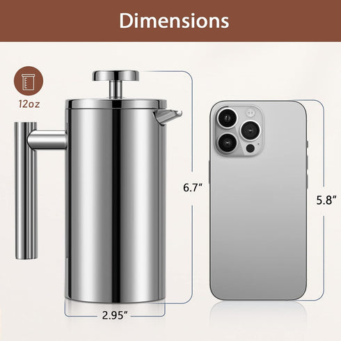 Small French Press Coffee Maker, Double-Wall Insulated, Stainless Steel, 350ML, 12 OZ, Includes 2 Extra Filters