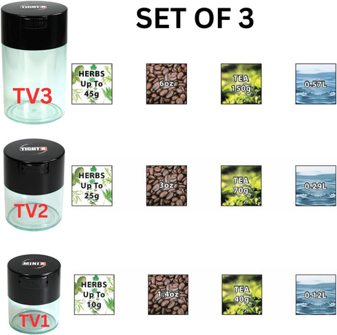 Tightvac Set of 3 Airtight Containers | Multi-use Vacuum Containers for Herbs and Dry Goods, Black Caps
