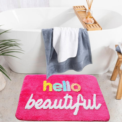 Evovee Hello Beautiful Bath Mat, Cute Bathroom Rugs for Girls, Funny Shower Decor, Non-Slip Washable Dark Pink