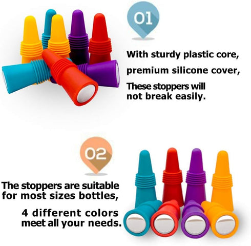 10 Pcs Wine Stoppers, CNYMANY Reusable Silicone Beverage Bottle Sealer with Grip Top for Cork to Keep Wine Fresh - Red,