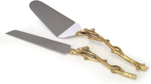 Godinger 2 Piece Gold Leaf Cake Server Set, 1 Cake Knife and 1 Cake Server, Stainless Steel and Brass