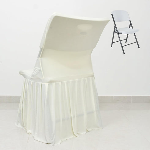 Efavormart Lifetime Folding Chair Cover Ivory Spandex Pleated Stretch Slipcover with Floor-Length Skirt, Also Fits