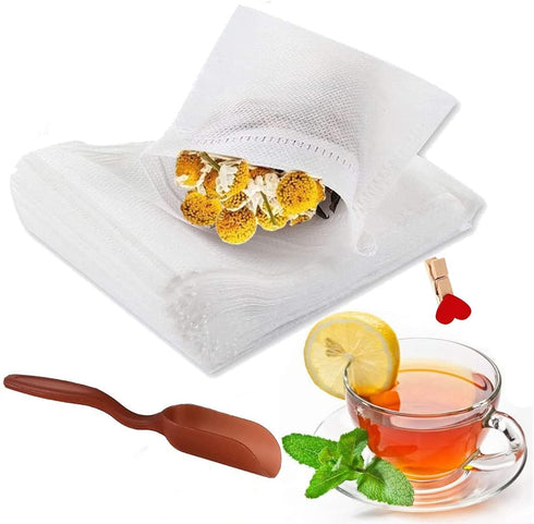 Tea Filter Bags (200 pcs) with Free Tea Spoon, Disposable Infuser for Loose Leaf Tea, Coffee, Spice, Herbs, Safe