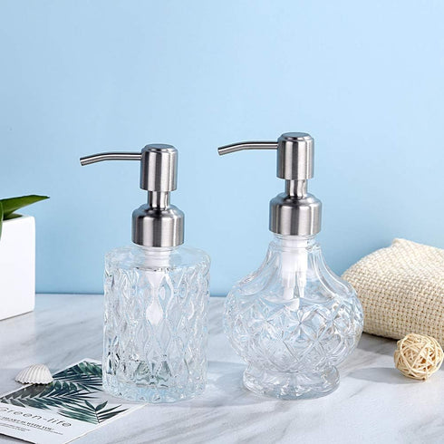 Soap Dispenser with Stainless Steel Pump, Clear Crystal Design, Vintage Elegant Refillable Liquid Hand Soap Dispenser