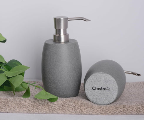 12 Oz, 2 Sets Clasin Home Sandstone Textured Resin Soap Dispenser with Metallic Pump and Waterproof Bottle Labels