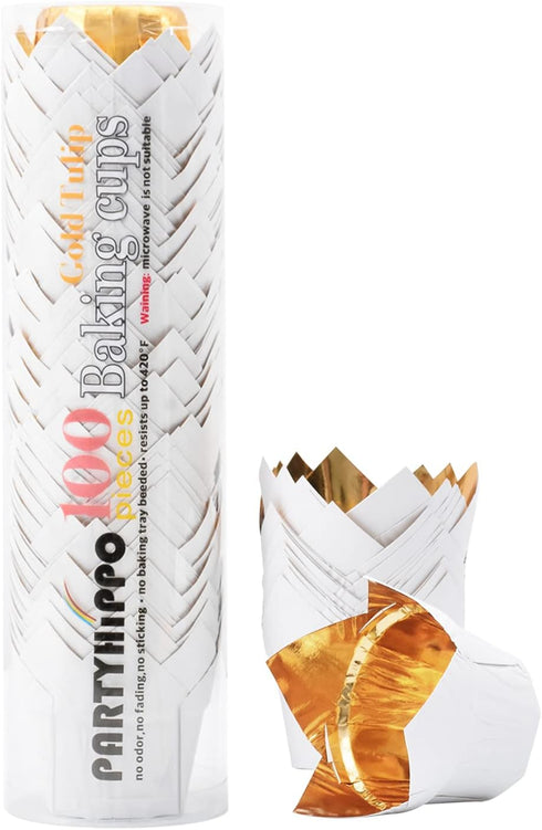 Party Hippo Gold Tulip Cupcake Liners Baking Paper Cups Holders, Greaseproof Muffin Cases Wrappers for Wedding Birthday