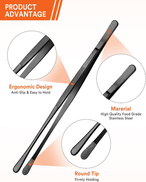 Black Stainless Steel Kitchen Tweezers, Round Tip Tweezer Tongs for Cooking with Multi-Function Precision Serrated Tips