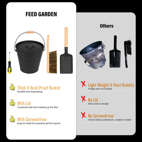 FEED GARDEN 3.5 Gallon Mini Ash Bucket with Lid, Shovel, Broom, Iron Metal Bucket for Fireplace Fire Pits, Indoor