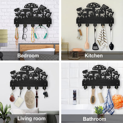Mushroom Wall Mounted Coat Rack, Wildflower Meadow Wood Key Hooks for Wall, 11.8×7.9inch Black Key Holder Hanger Decor