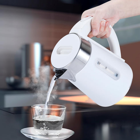 Portable Small Electric Kettle, 0.8L Stainless Steel Travel Hot Water Boiler, 4 Cups for Tea and Coffee, White