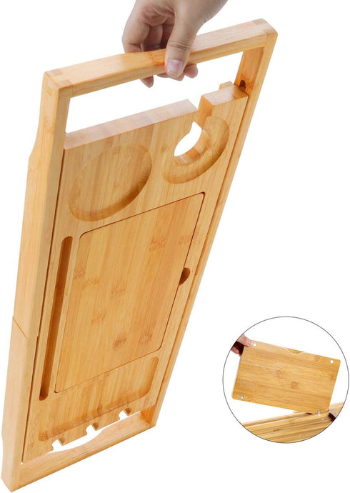 Utoplike Bamboo Bathtub Caddy Tray, Adjustable Bathroom Organizer with Book Tablet Wine Glass Cup Holder (24.5"-37.4")