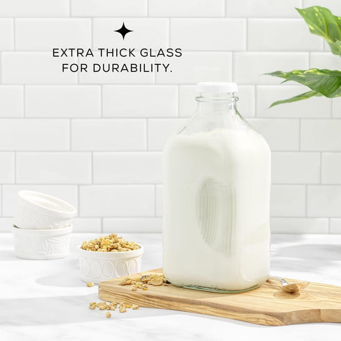 64 Oz, 3 Pack JoyJolt Glass Milk Bottles with Lids and Pourer Airtight Heavy Duty Reusable Glass Bottles, Leakproof