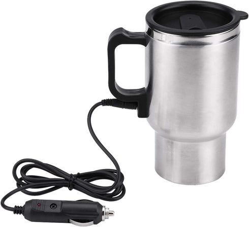 Portable Stainless Steel Electric Car Kettle, 450ml Travel Mug with Auto Charger, Airtight Lid, Heated Coffee Tea Cup