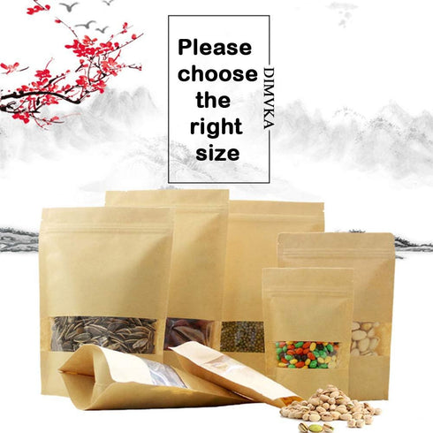 100 Pcs Resealable Stand Up Kraft Paper Bags with Window for Packaging Products, Zip Lock Food Storage
