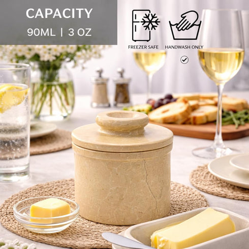 4" 90ml/3oz Verona Marble Butter Keeper - French Butter Crock with Lid - Freezer Safe Stone Butter Dish - Capacity