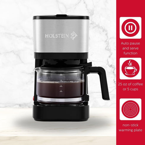 Holstein Housewares Simply Brew 5 Cup Stainless Steel Drip Coffee Maker with Reusable Filter, Black