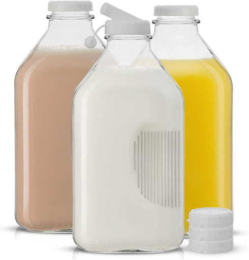 JoyJolt Glass Milk Bottles with Lids and Pourer 64 Oz, 3 Pack