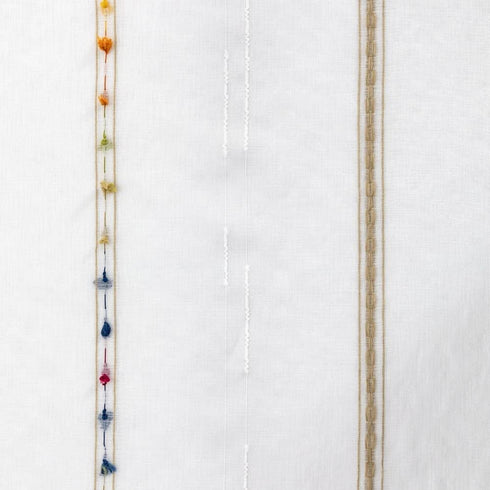 pureaqu Faux Linen Stripe Pom Pom Sheer Curtain, Embroidered Colorful Rainbow Semi Sheer Voile Window Curtain for