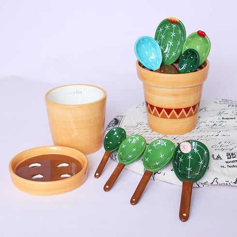 Cactus Measuring Spoons Set in Pot, Cute Ceramic Measuring Cups and Spoons, 1 Tbsp, 1 TSP, 1/2 TSP, 1/4 TSP, 1 Cup,