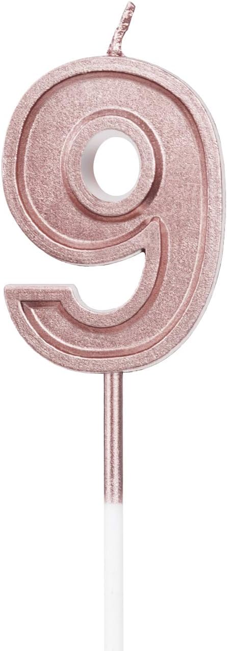 Luter Rose Gold Glitter Happy Birthday Cake Candles, Number 9 Birthday Candle Cake Topper Decoration for Party