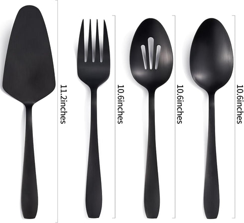 Matte Black Serving Set, 4-Piece Stainless Steel Large Hostess Set Include Slotted Spoon Serving Spoon Serving Fork and Cake Server, Ideal for Buffets, Home, Gatherings, Restaurant by Seeshine