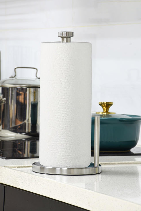 Paper Towel Holder with Side Rod, Stainless Steel Easy Tear Dispenser for Kitchen Countertop Tabletop