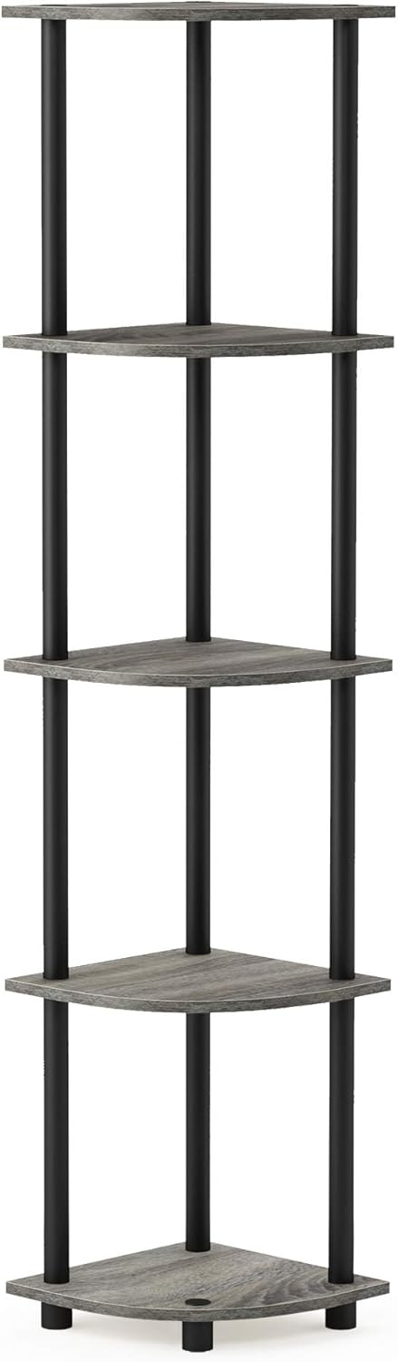 Furinno Turn-N-Tube 5 Tier Corner Display Rack, Multipurpose Shelving Unit, 1-Pack, French Oak Grey/Black